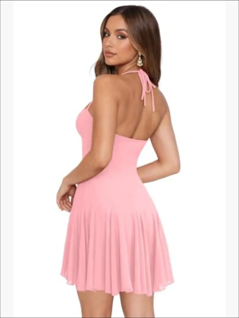 Halter Backless Mesh Mini Dress with Ruffle Hem for Night Out - Picture 2 of 6